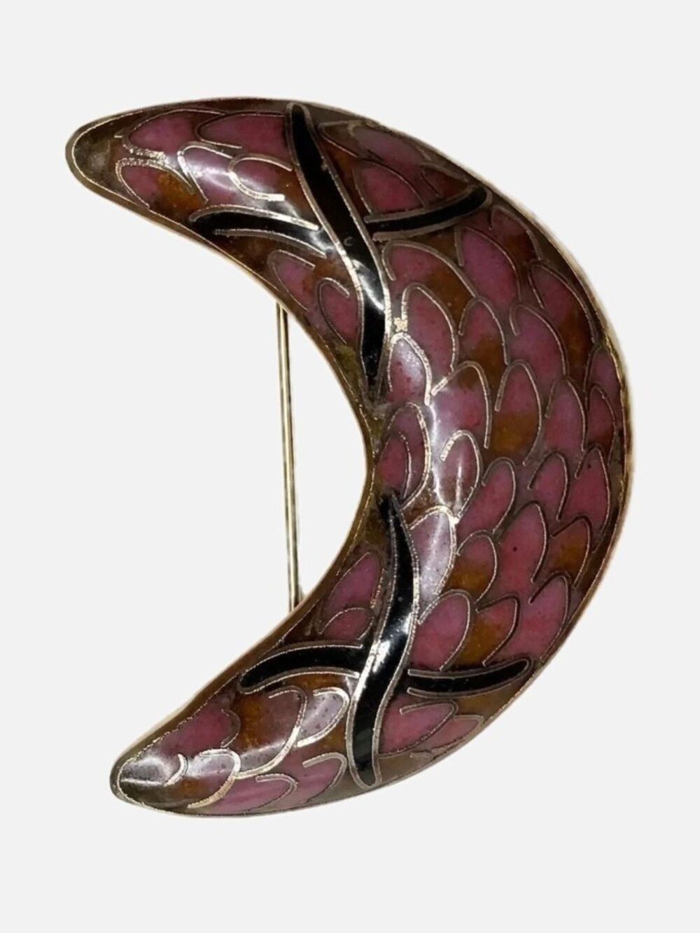 Vintage Cloisonne Crescent Half Moon Brooch Pin Enamel Gold Pink